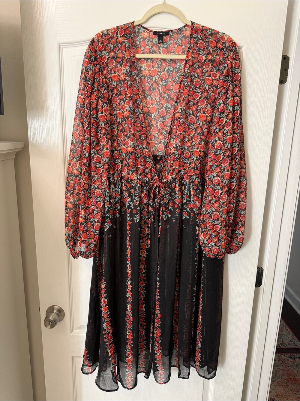 torrid Black Dress with Red Floral Print and Tie Waist cover